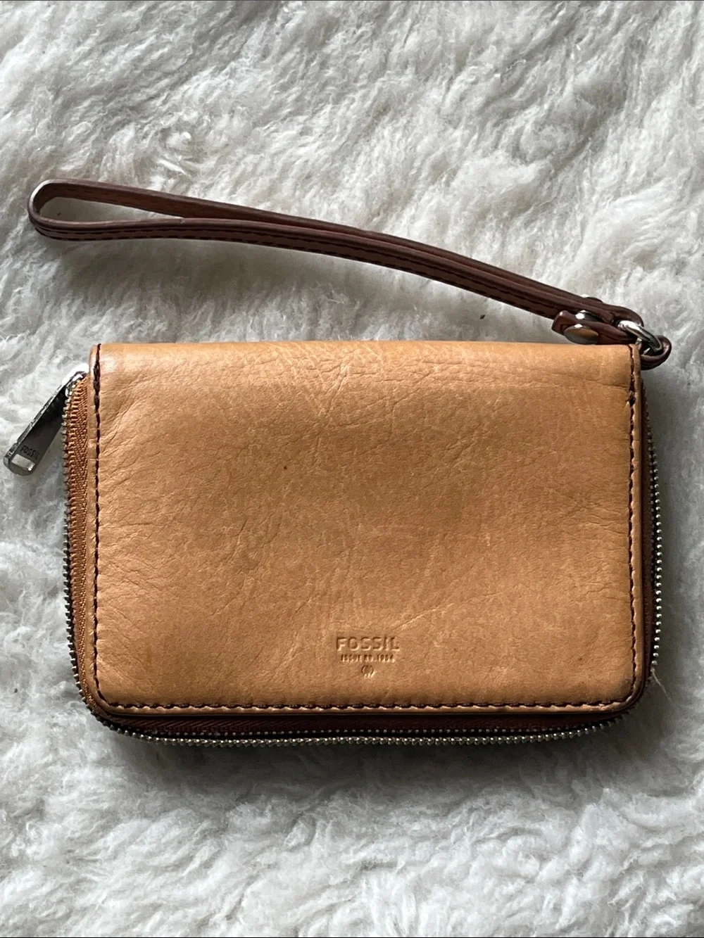 Fossil Tan leather zip around wallet wristlet with snap front compartment